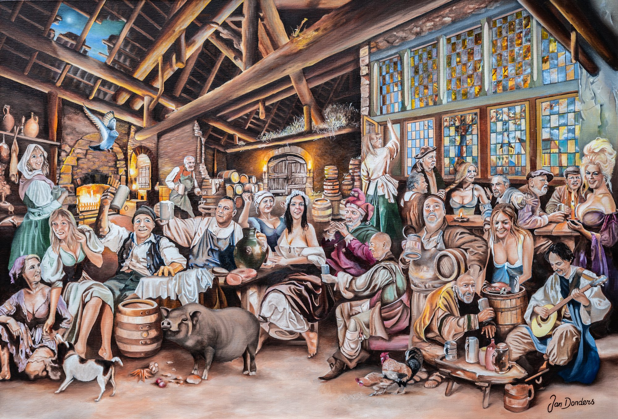 De Baolse Bierdrinkers — schilderij van Jan Donders. Een herberg in Loveren, 17e eeuw, met meer dan twintig figuren rond de schenktafel, een varken, hond, hanen en een glas-in-loodraam met zicht op de Belgische kerk.